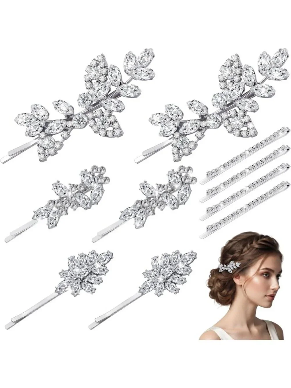 10 Pcs Rhinestone Hair Clips & Bobby Pins Set - Sparkly Hair Accessories